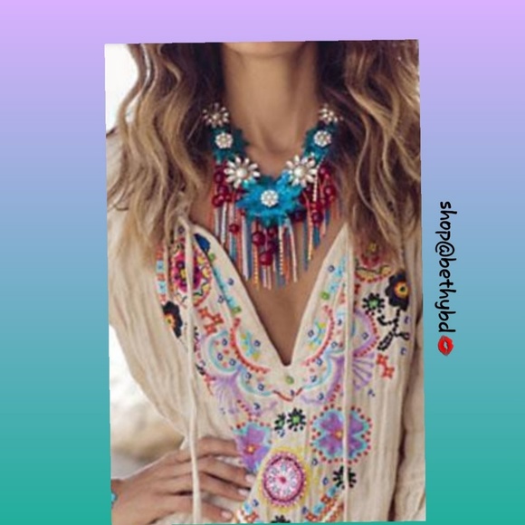 Boho Tasseled Embroidered Mini Dress - Picture 2 of 4